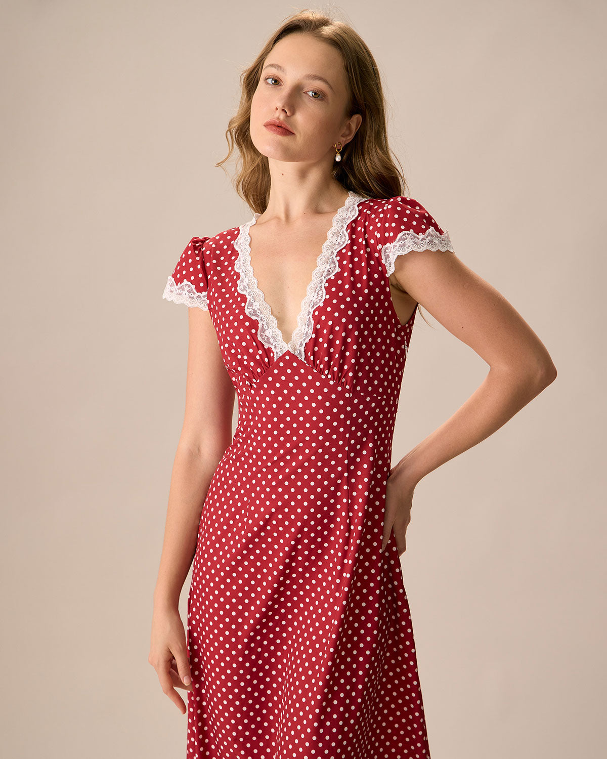 Clara | Red Maxi Dress with Polka Dots and Lace