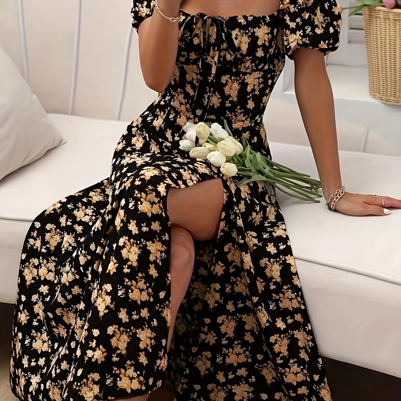 Calyx - Artistic Floral Print Puff Sleeve Dress