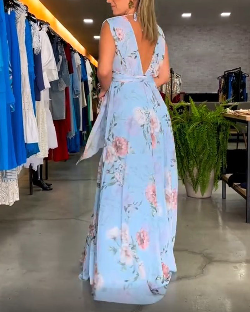 Gia - Sleeveless Floral Split Hem Long Dress
