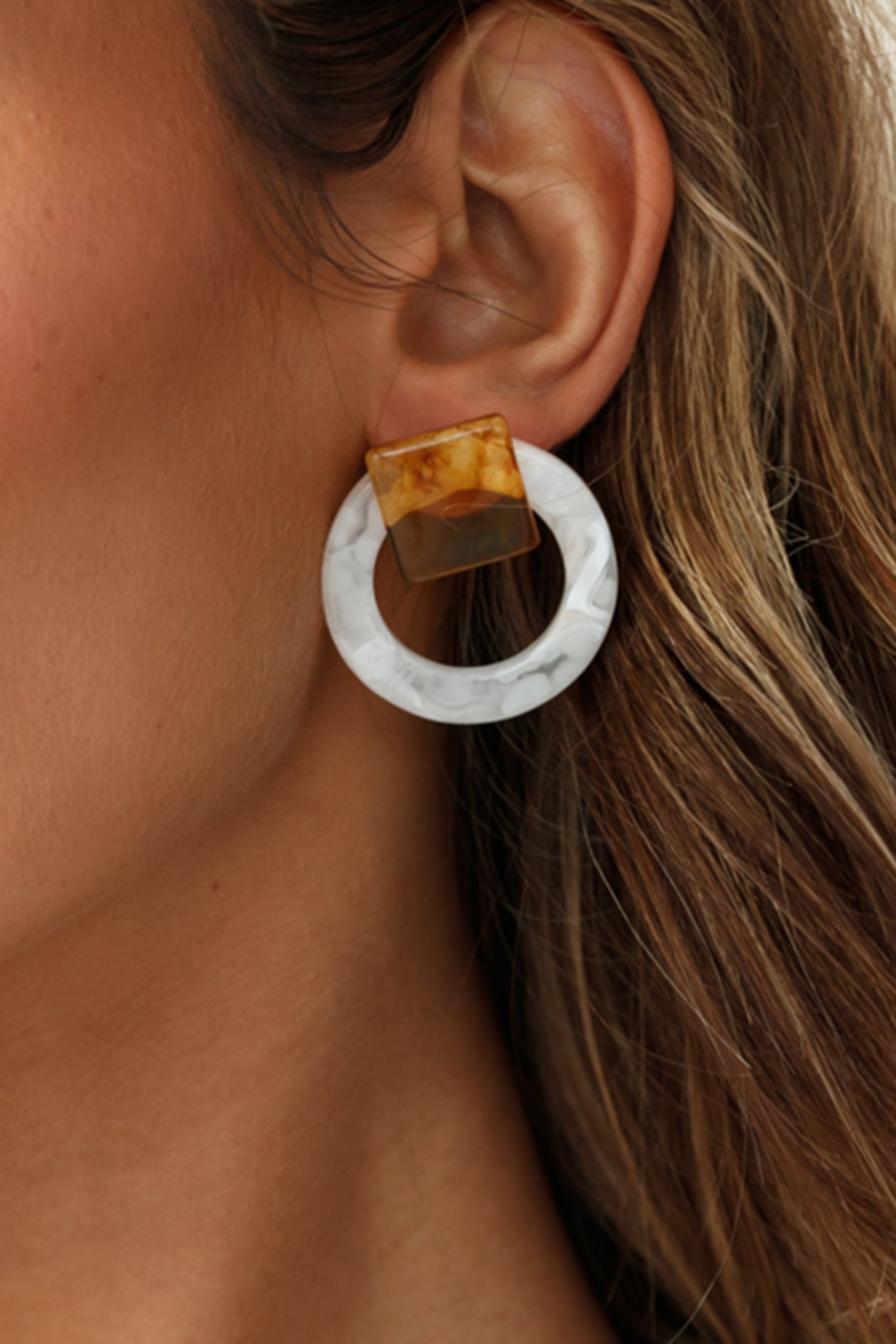 Beige Marble Square and Circular Earrings