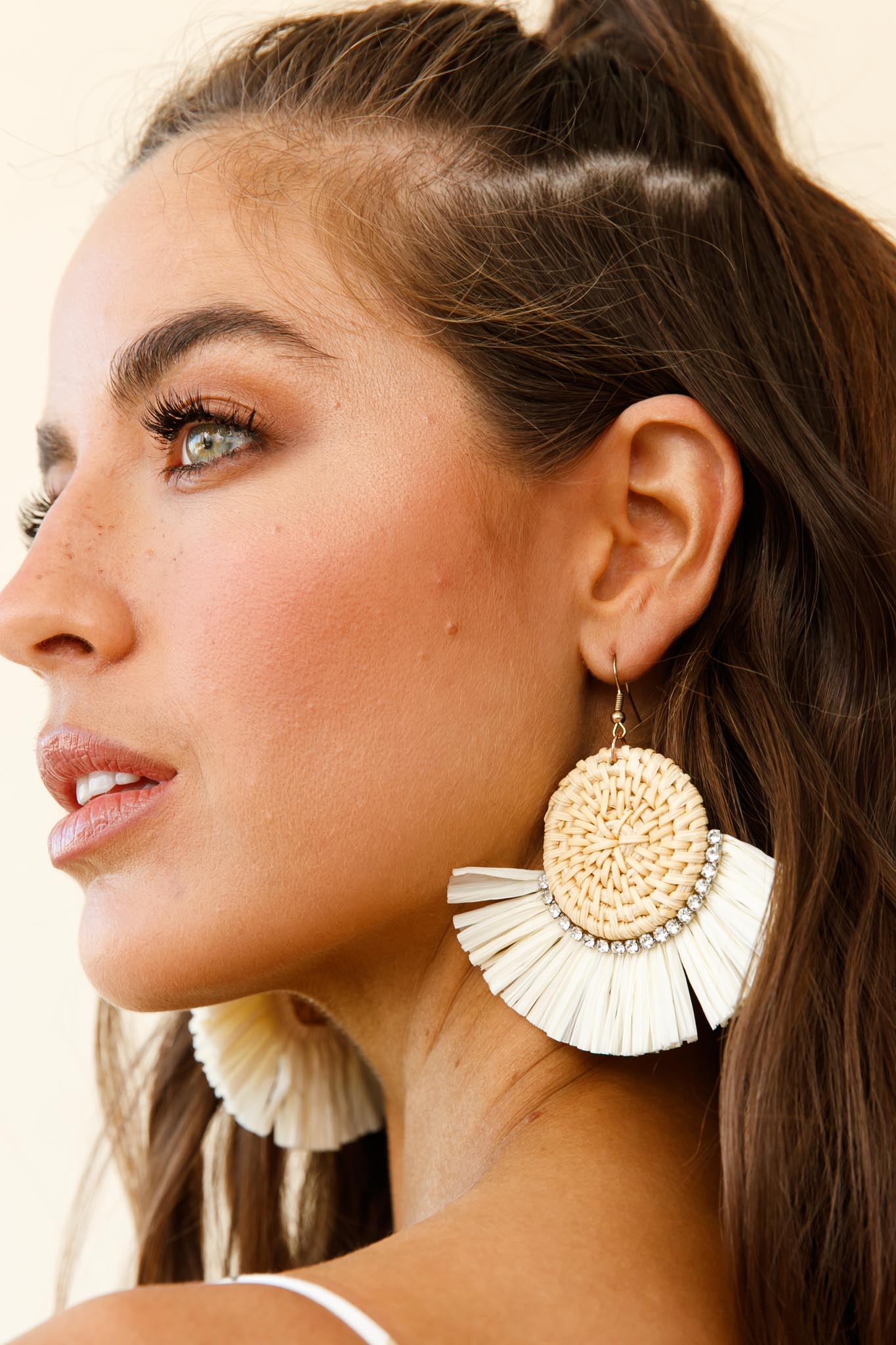 Woven Straw Earrings with Diamond Accent Natural Kenya