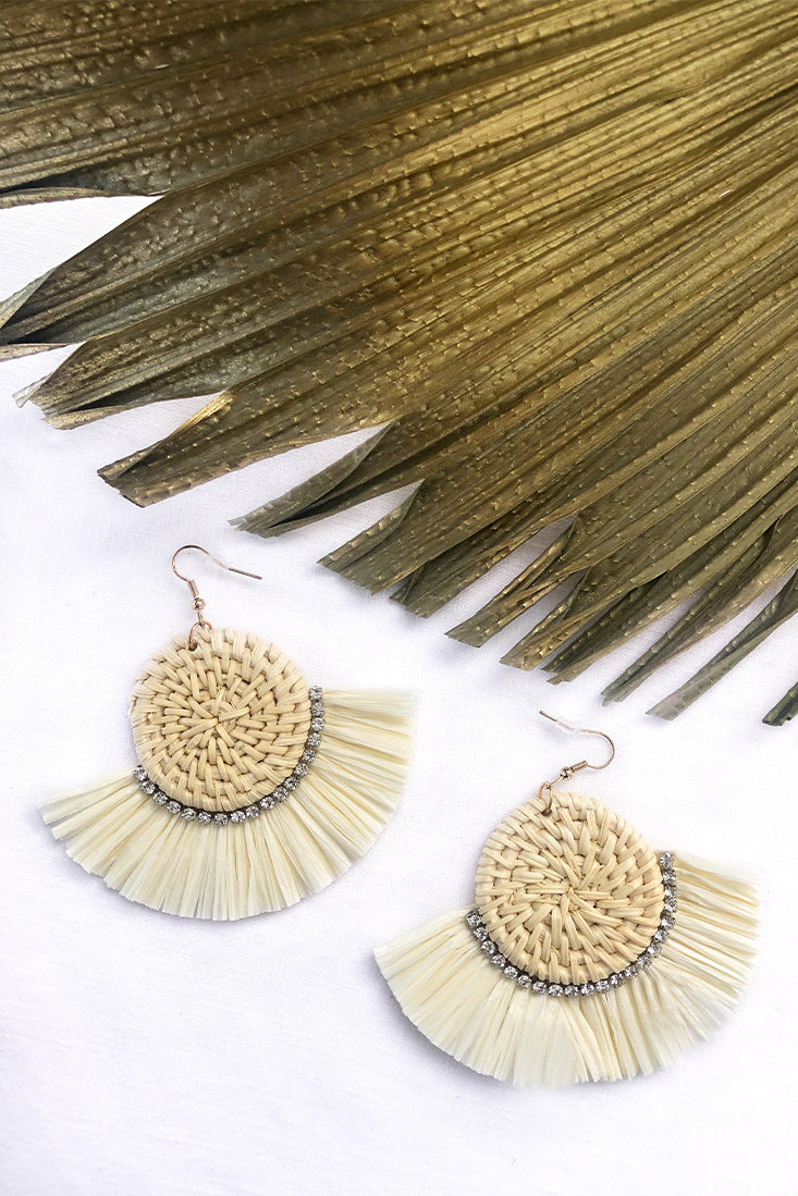 Woven Straw Earrings with Diamond Accent Natural Kenya