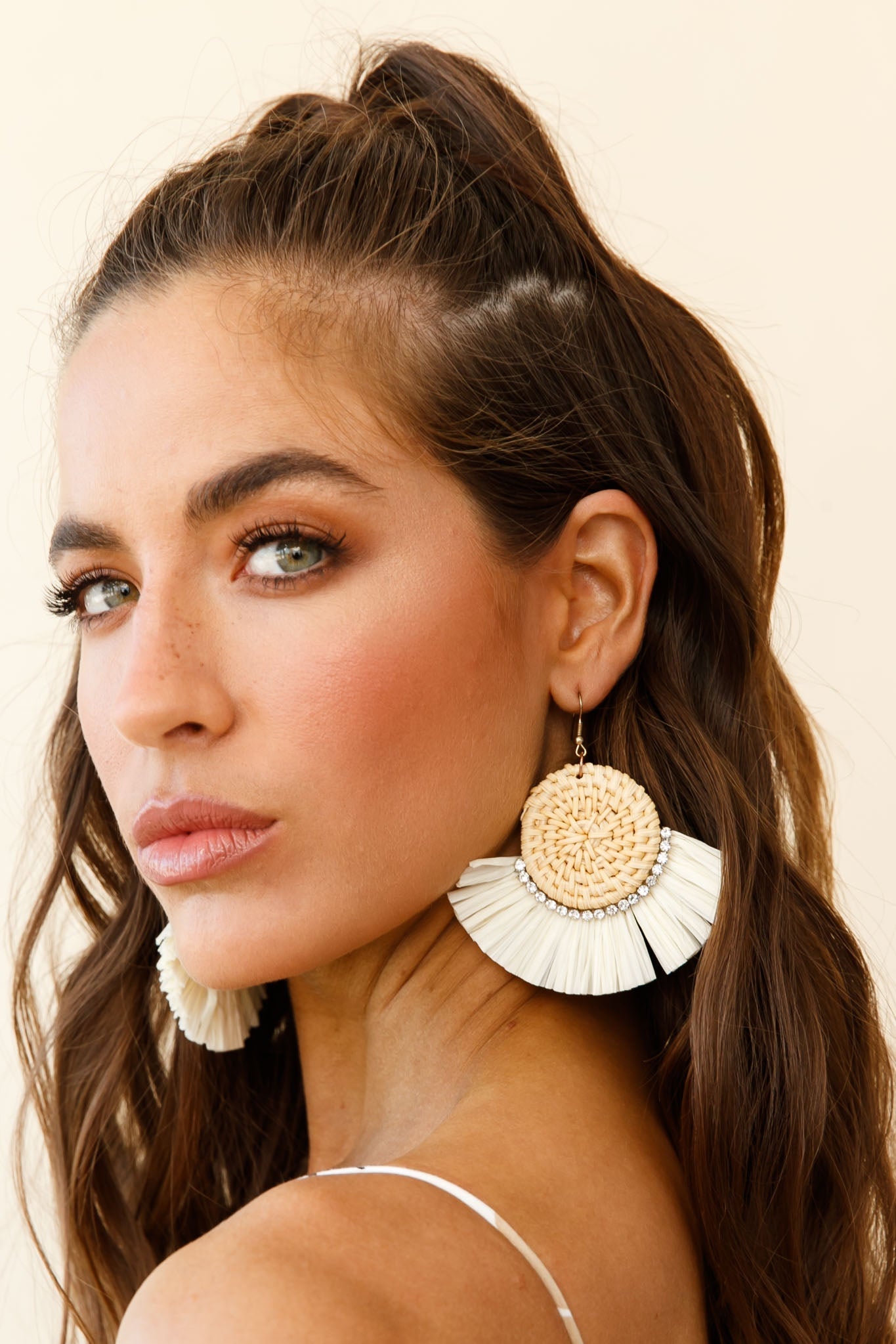 Woven Straw Earrings with Diamond Accent Natural Kenya