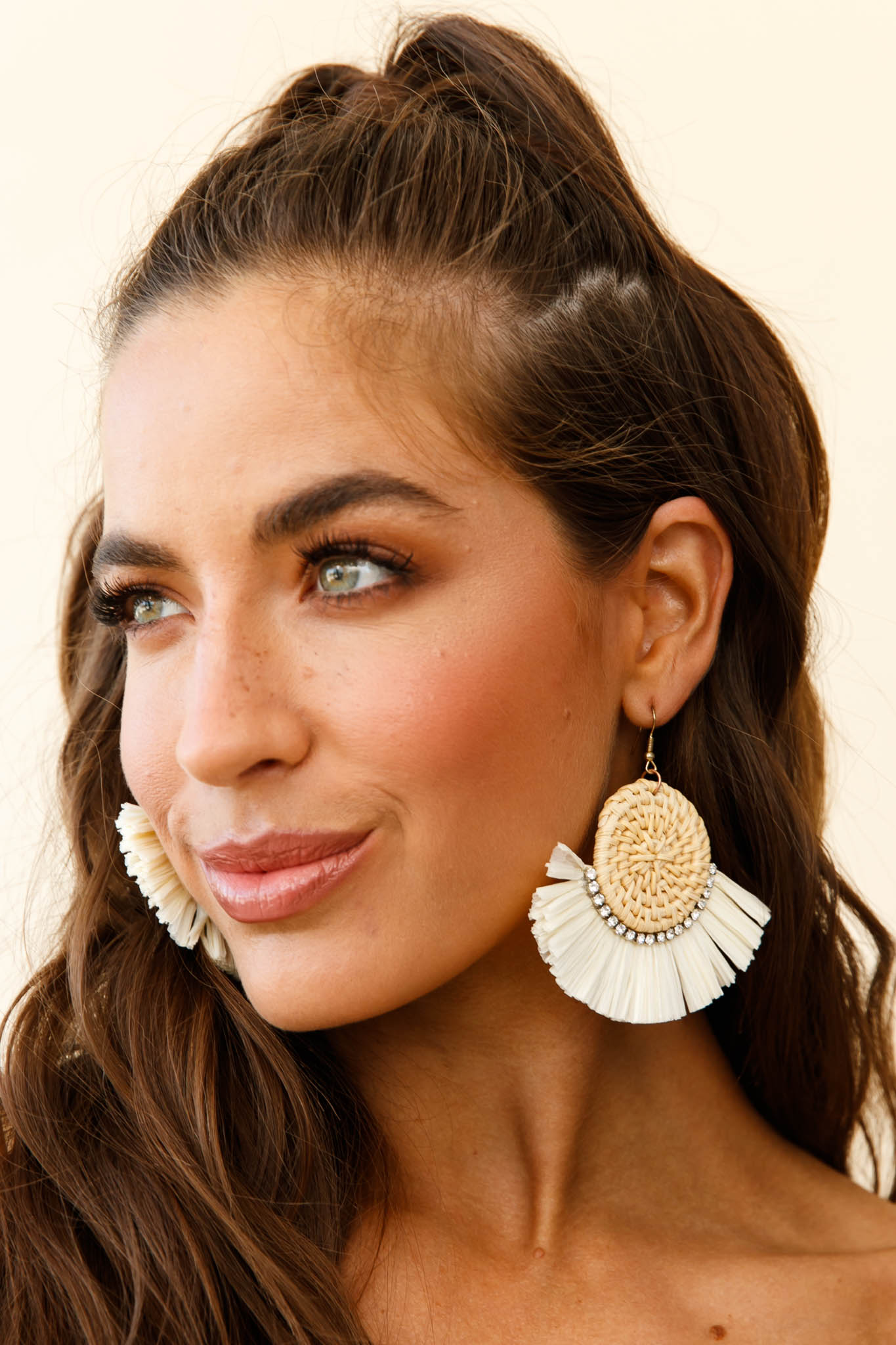 Woven Straw Earrings with Diamond Accent Natural Kenya