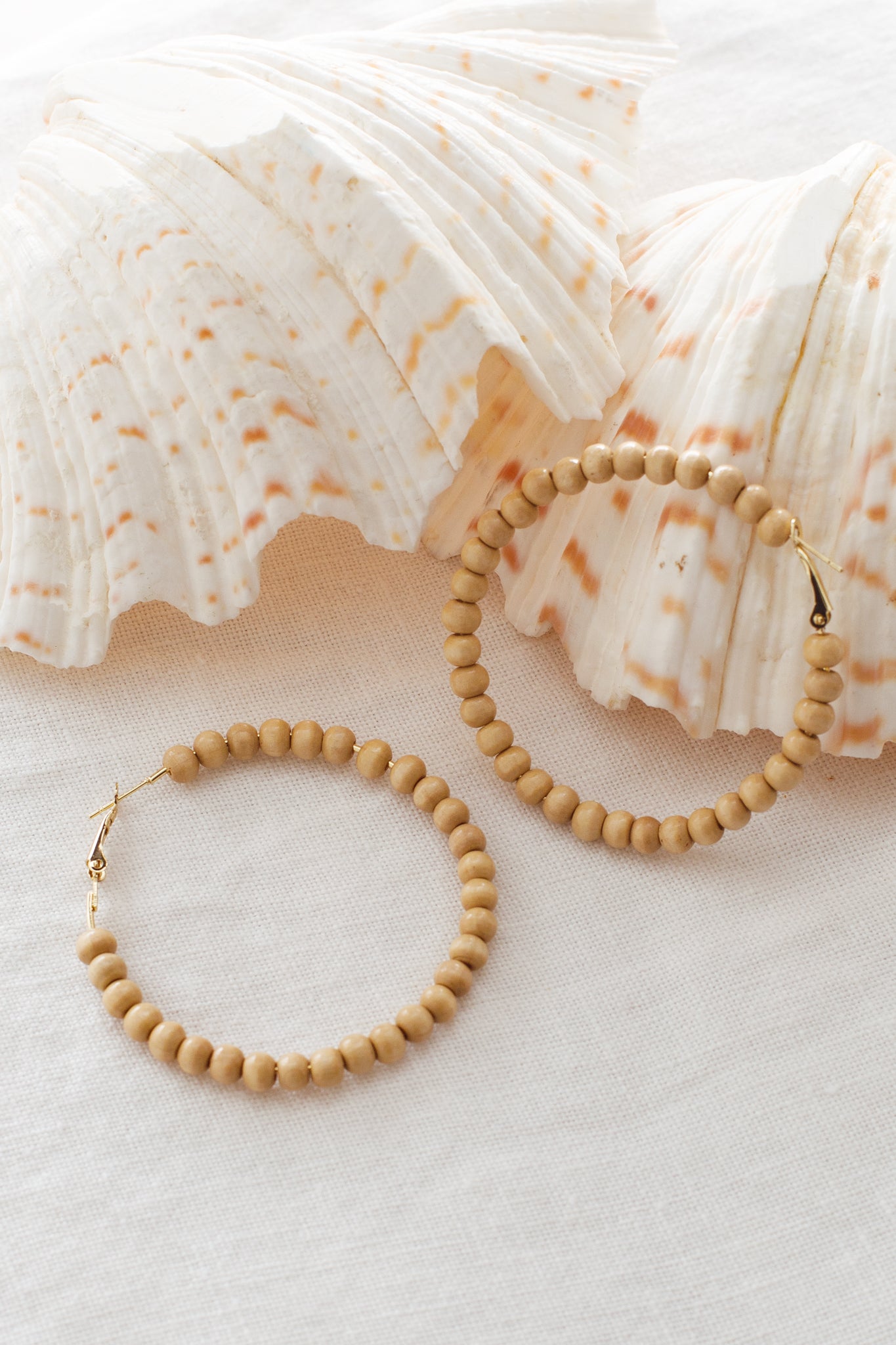 Nala Beige Wooden Bead Hoop Earrings
