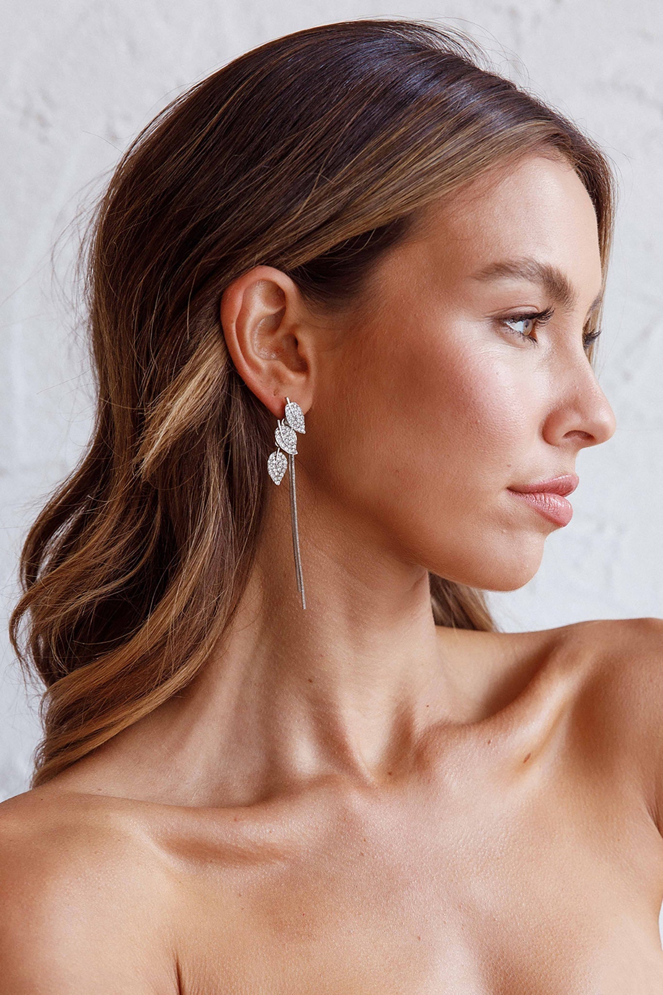Silver zircon leaf-shaped dangling earrings
