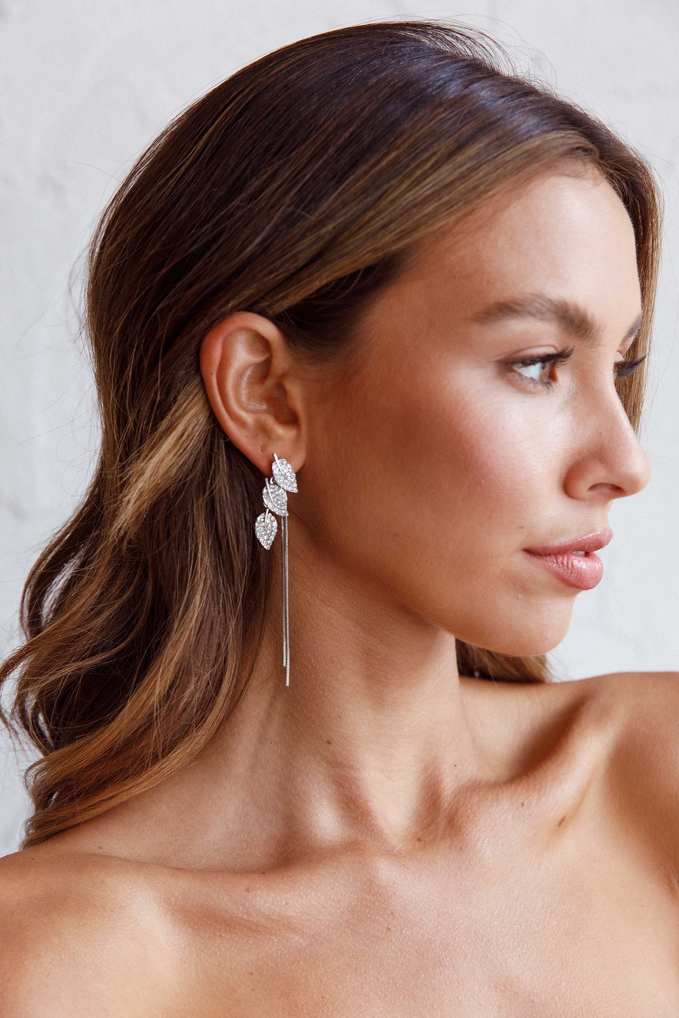 Silver zircon leaf-shaped dangling earrings