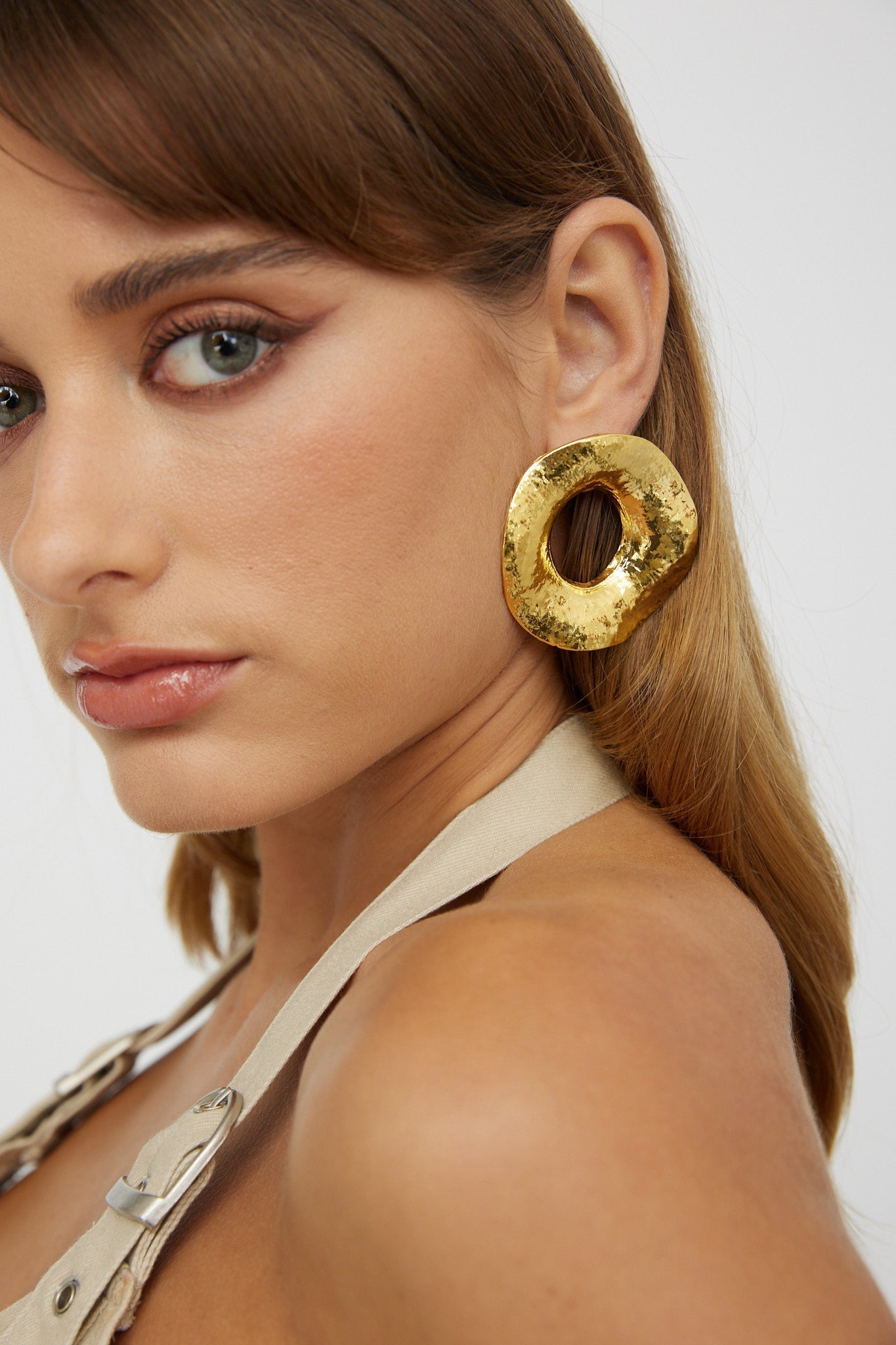 Wide Round Dahlia Gold Earrings