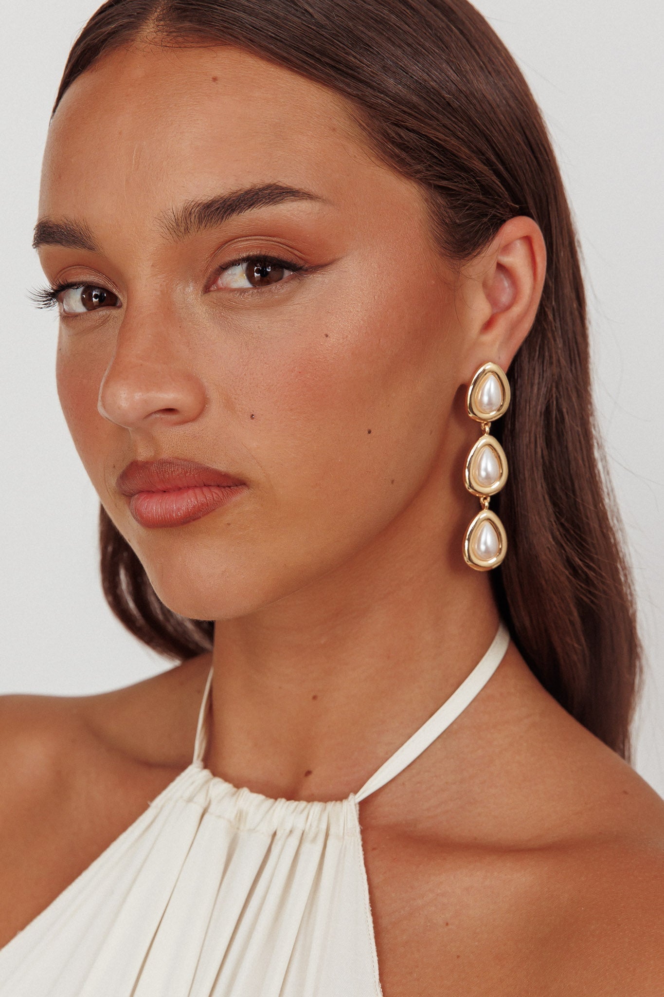 Marion Triple Drop Earrings Gold Pearl