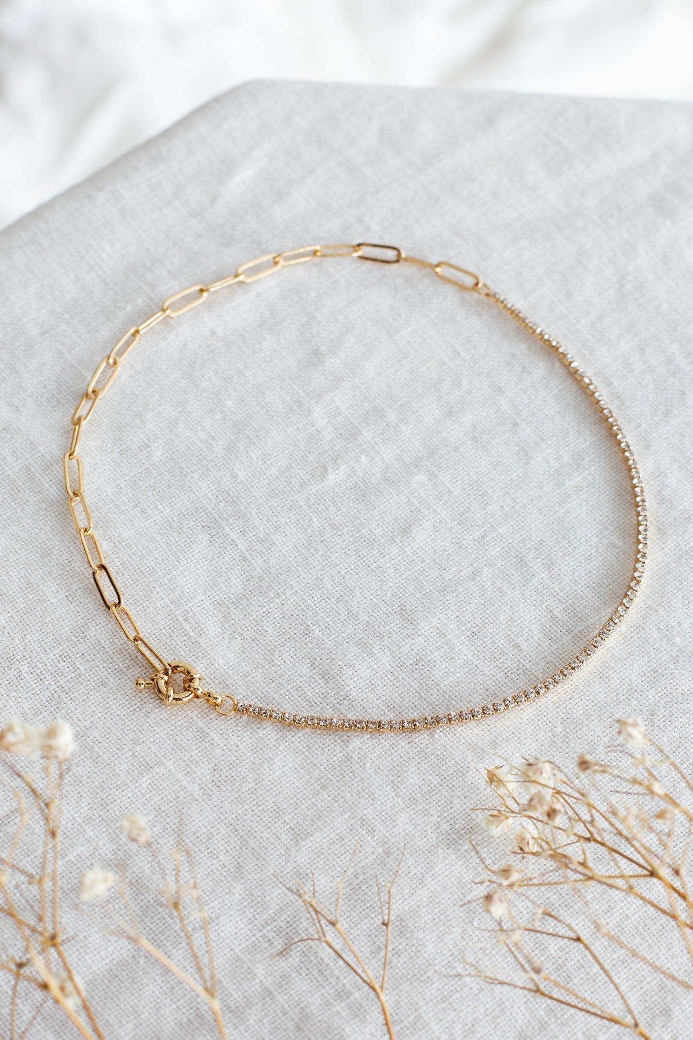 Madelyn Paper Clip Chain Necklace with Gold Rhinestones