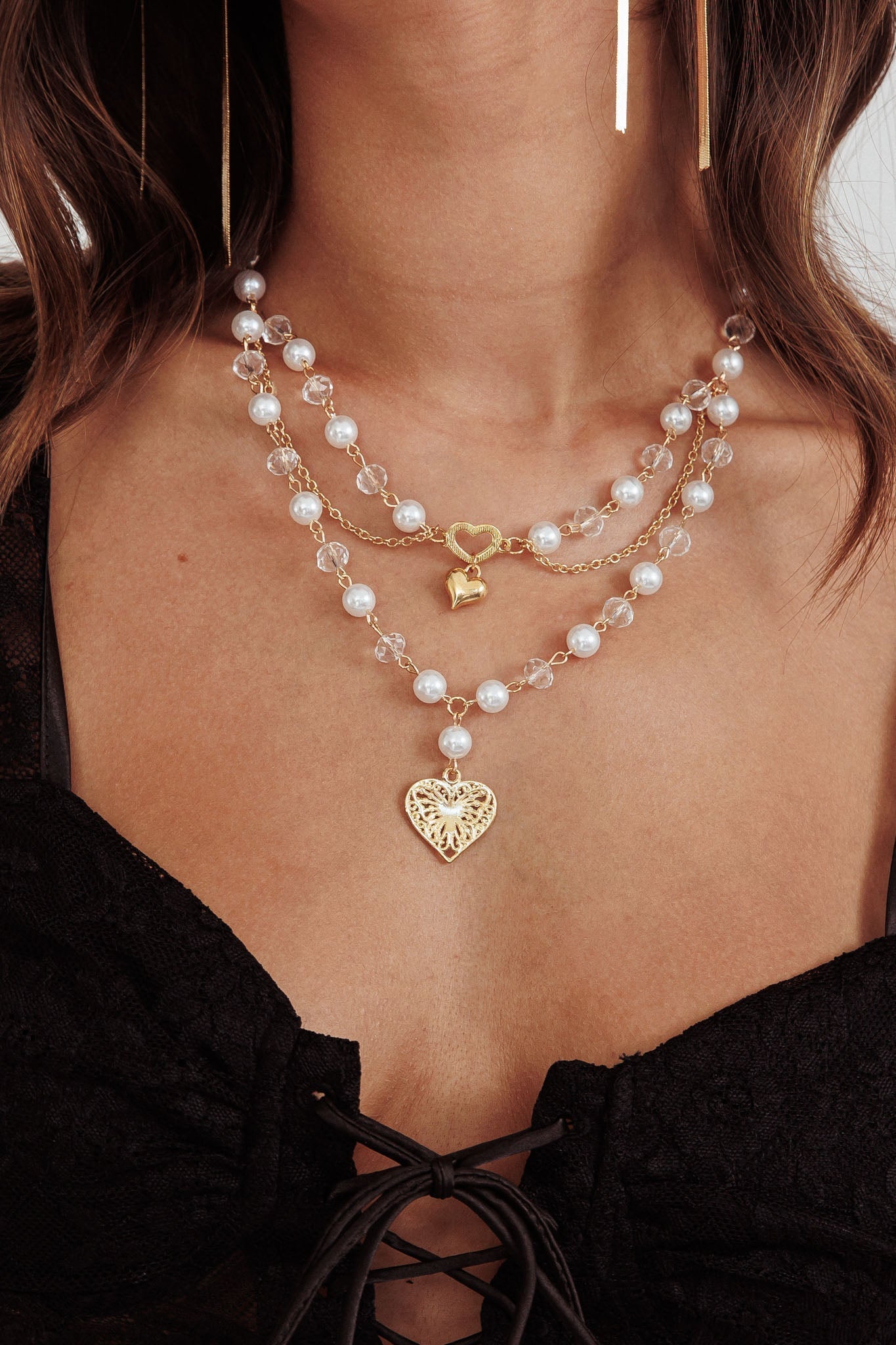 Multi-Strand Heart and Pearl Venus Necklace in Gold