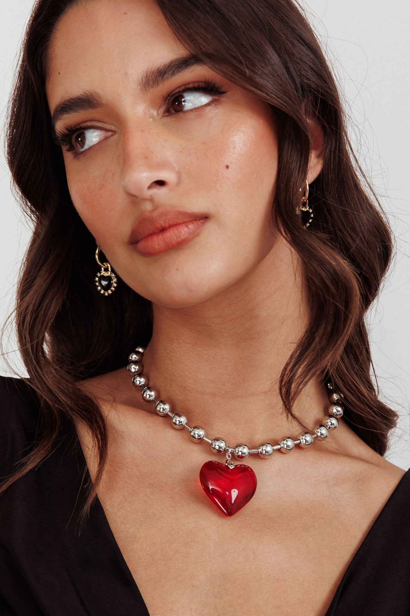 Large Heart Necklace in Silver Beads Red Lee