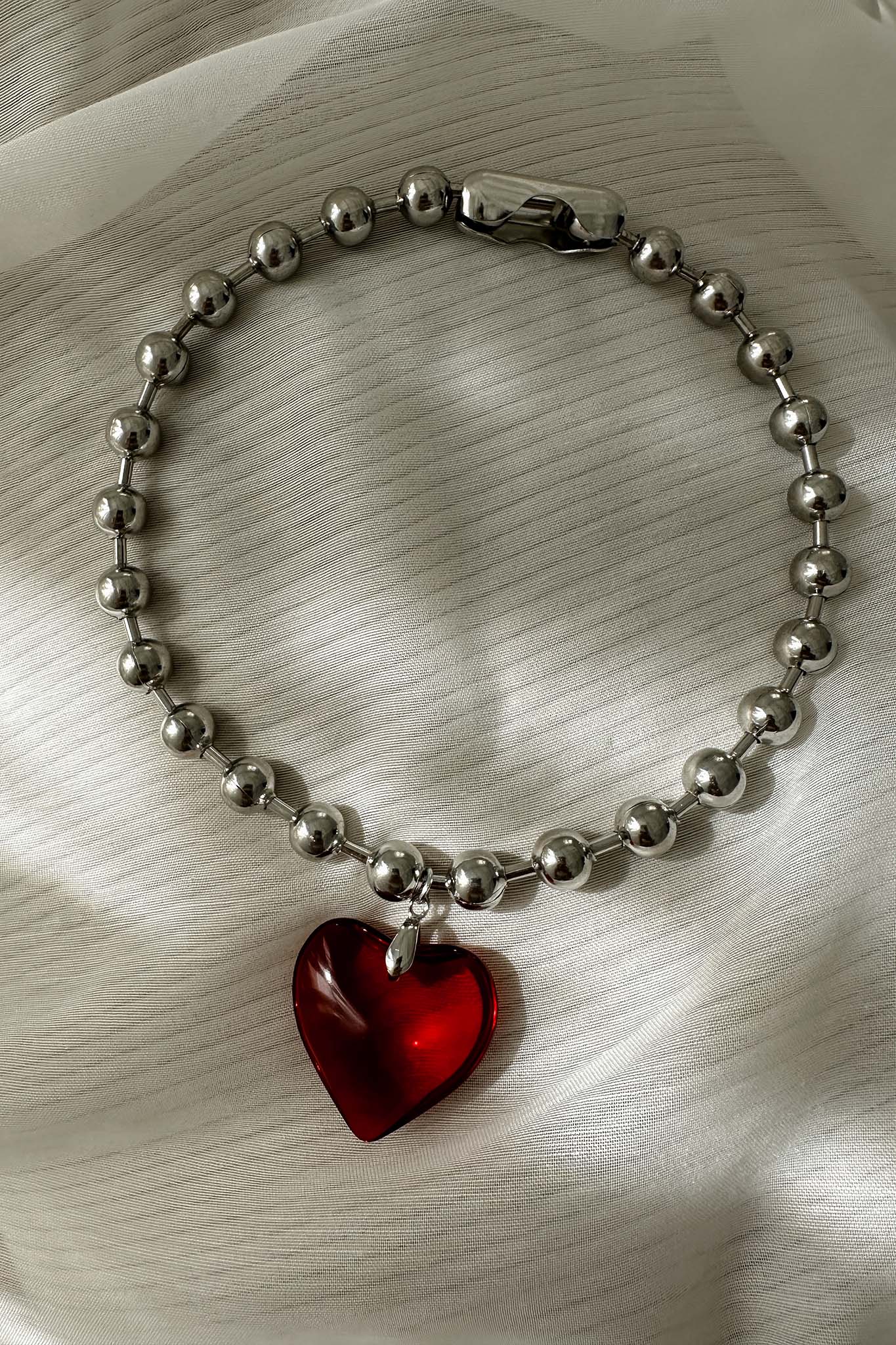 Large Heart Necklace in Silver Beads Red Lee