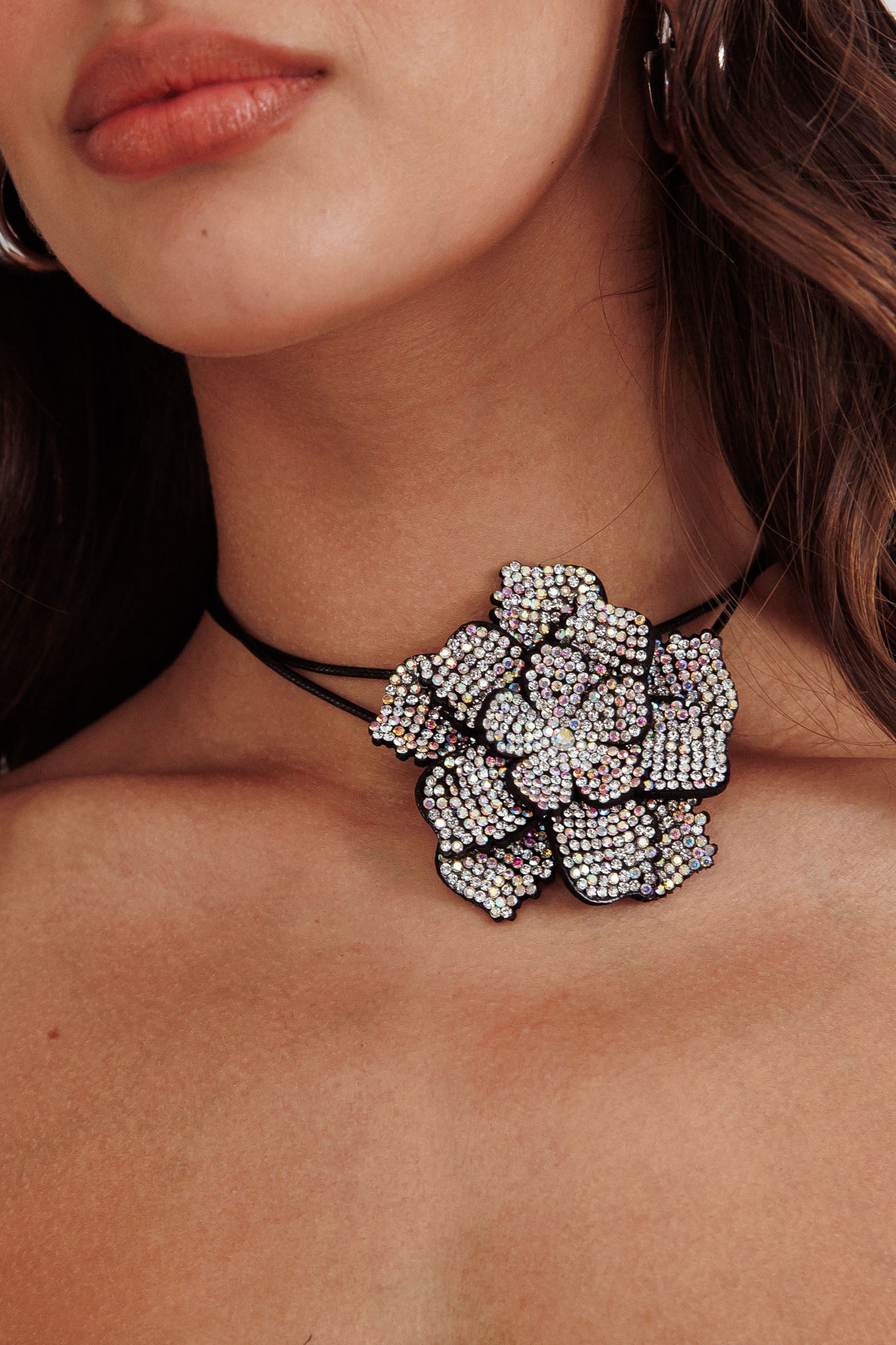 Black Magnolia Diamond Flower Choker Necklace