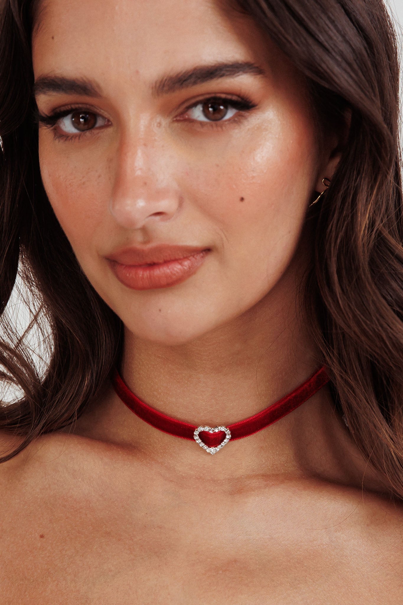Velvet Choker Necklace Heart Diamante Lola Red