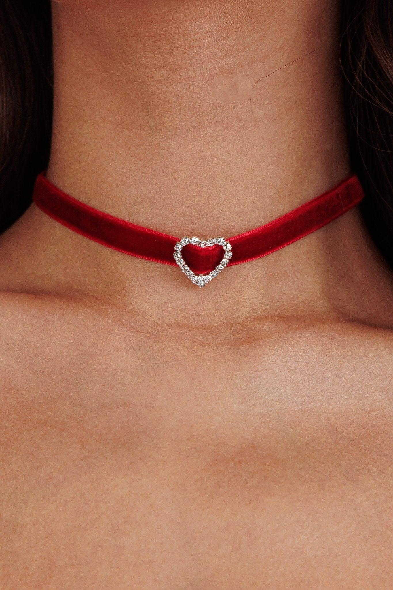 Velvet Choker Necklace Heart Diamante Lola Red