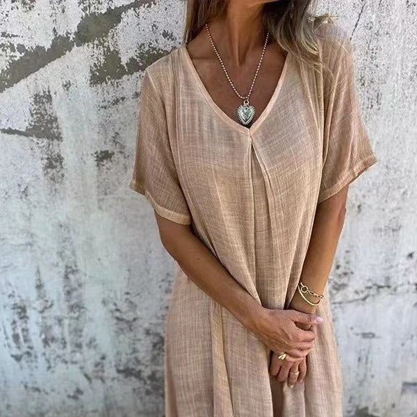 Amanda | Cotton & Linen V-Neck Maxi Dress