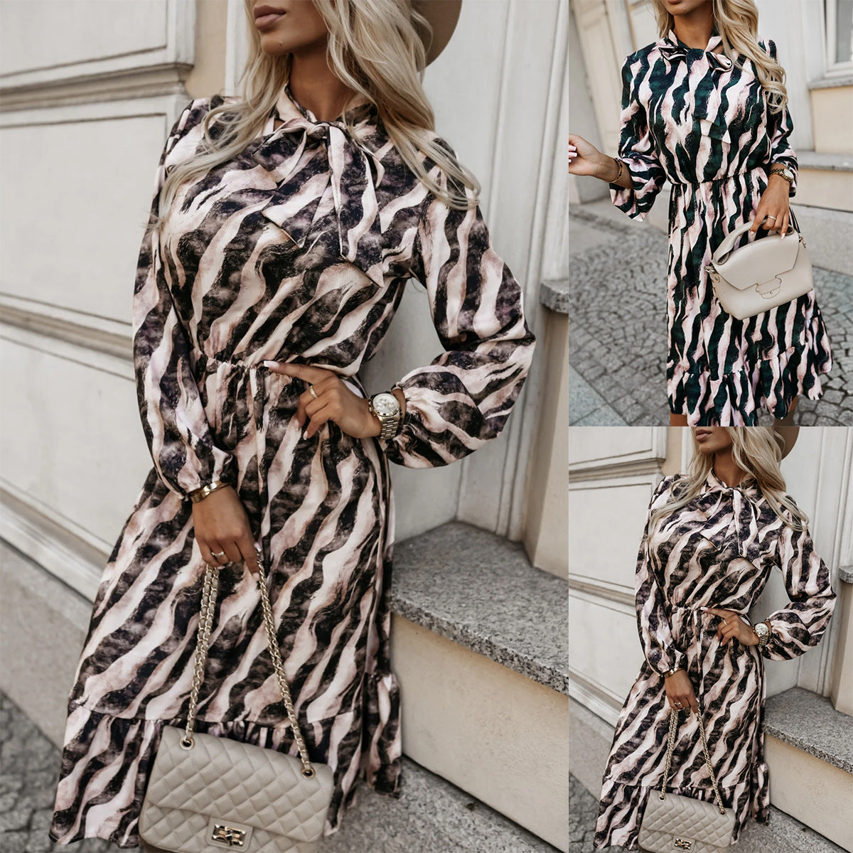 Clémence | Long Zebra Print Dress with Waist Bow