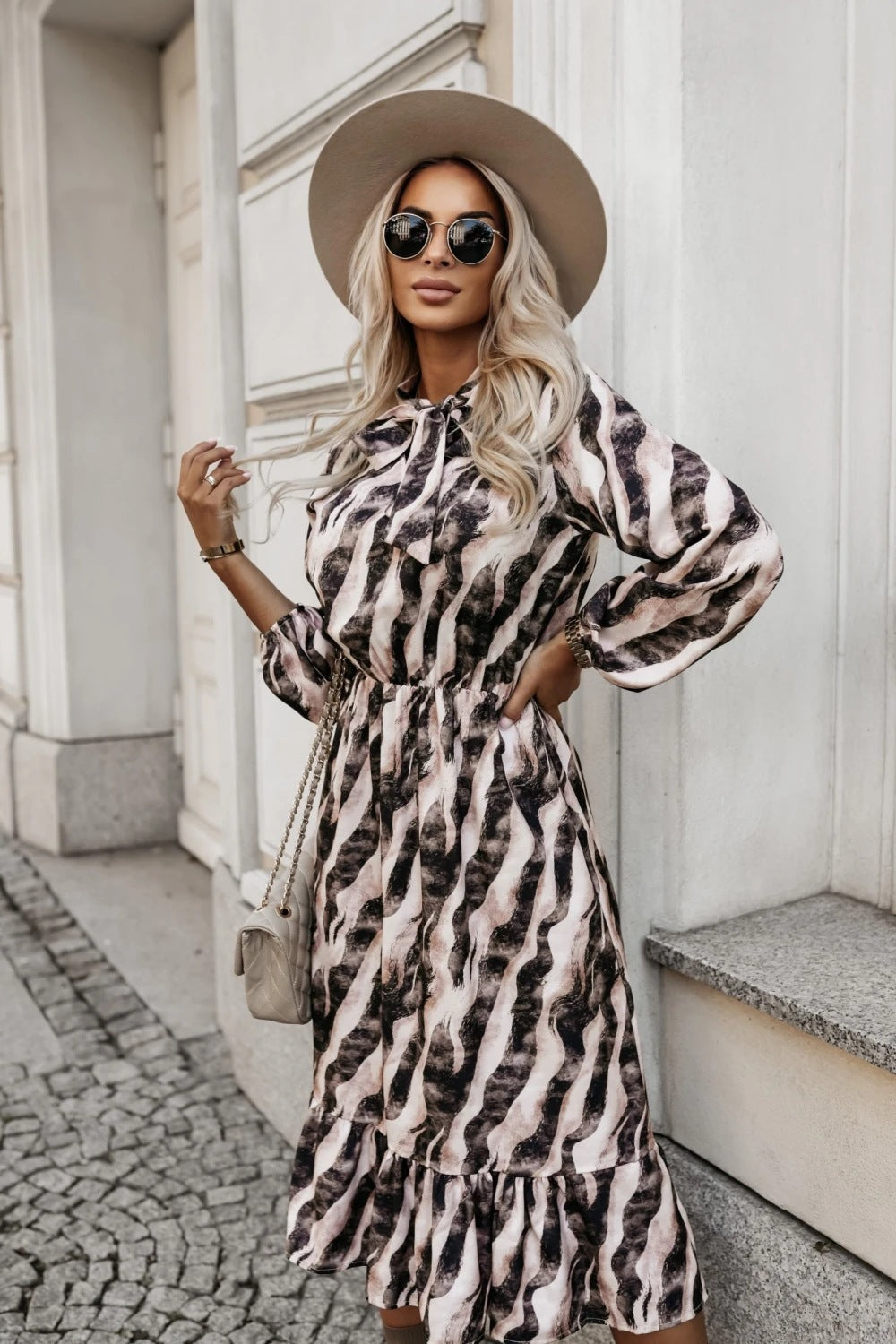 Clémence | Long Zebra Print Dress with Waist Bow