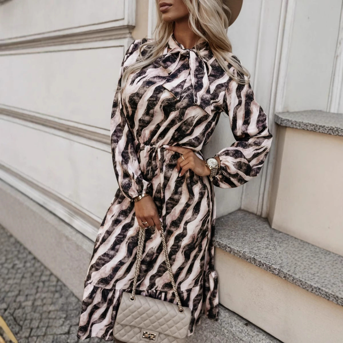 Clémence | Long Zebra Print Dress with Waist Bow