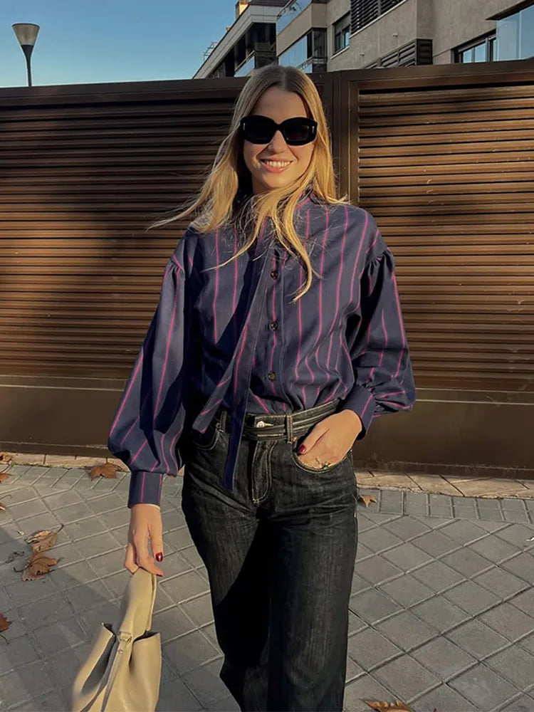 Elise | Striped Shirt with Bow and High Collar