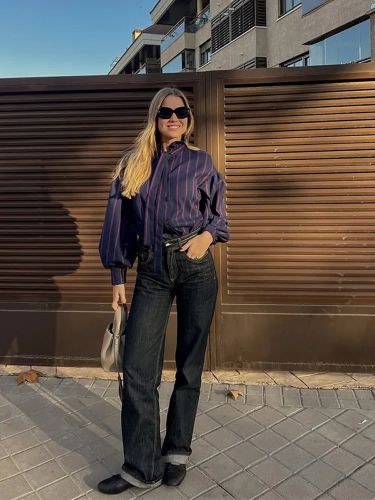 Elise | Striped Shirt with Bow and High Collar