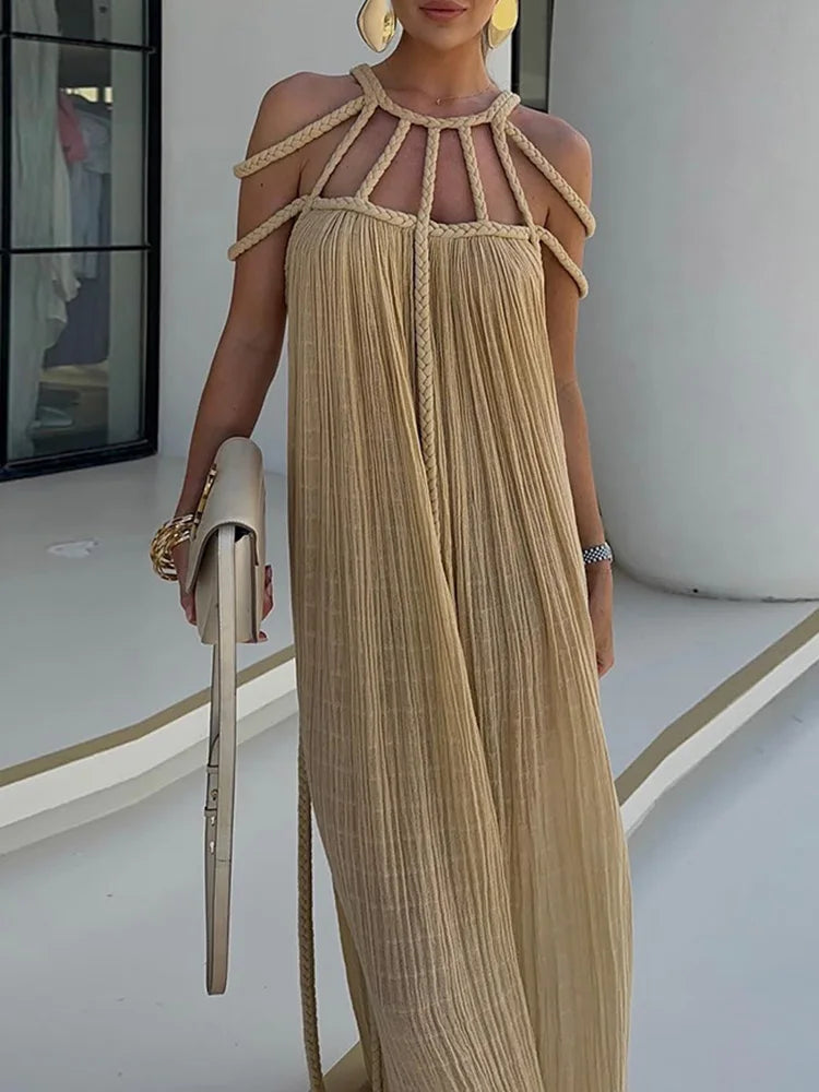 Lorine | Draped Maxi Dress in Braided Linen