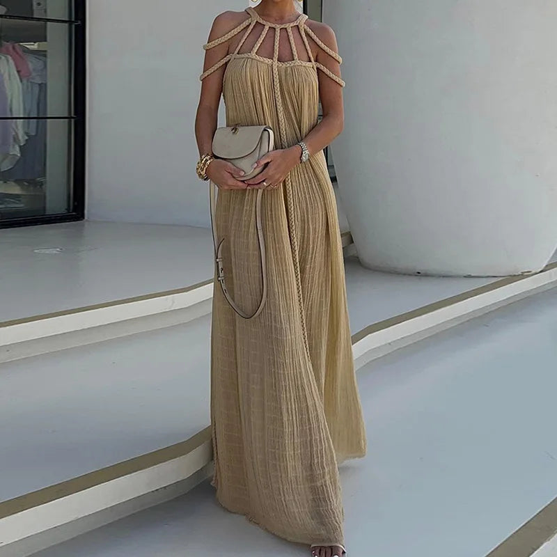 Lorine | Draped Maxi Dress in Braided Linen