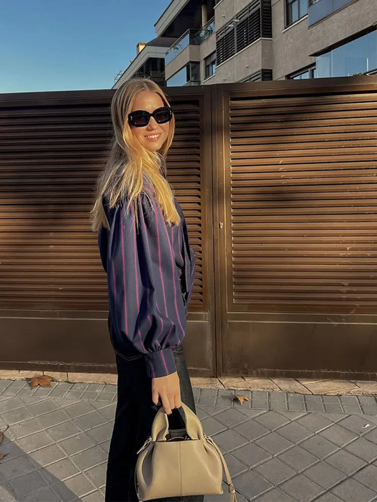 Elise | Striped Shirt with Bow and High Collar