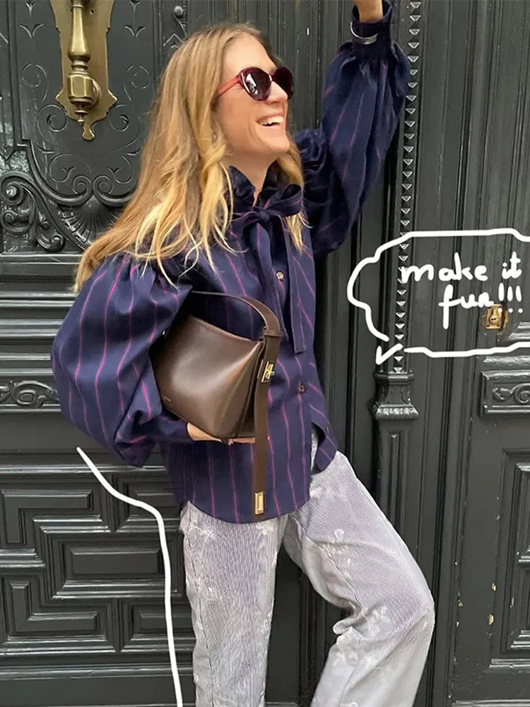 Elise | Striped Shirt with Bow and High Collar