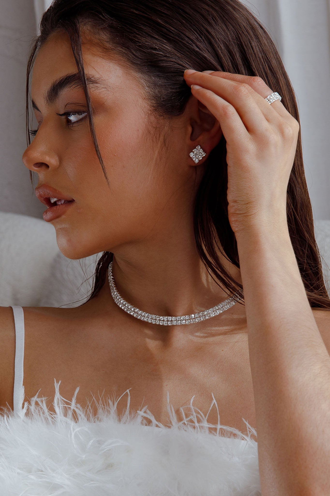 Earrings, Ring, and Necklace Set Suite Life Diamante Silver