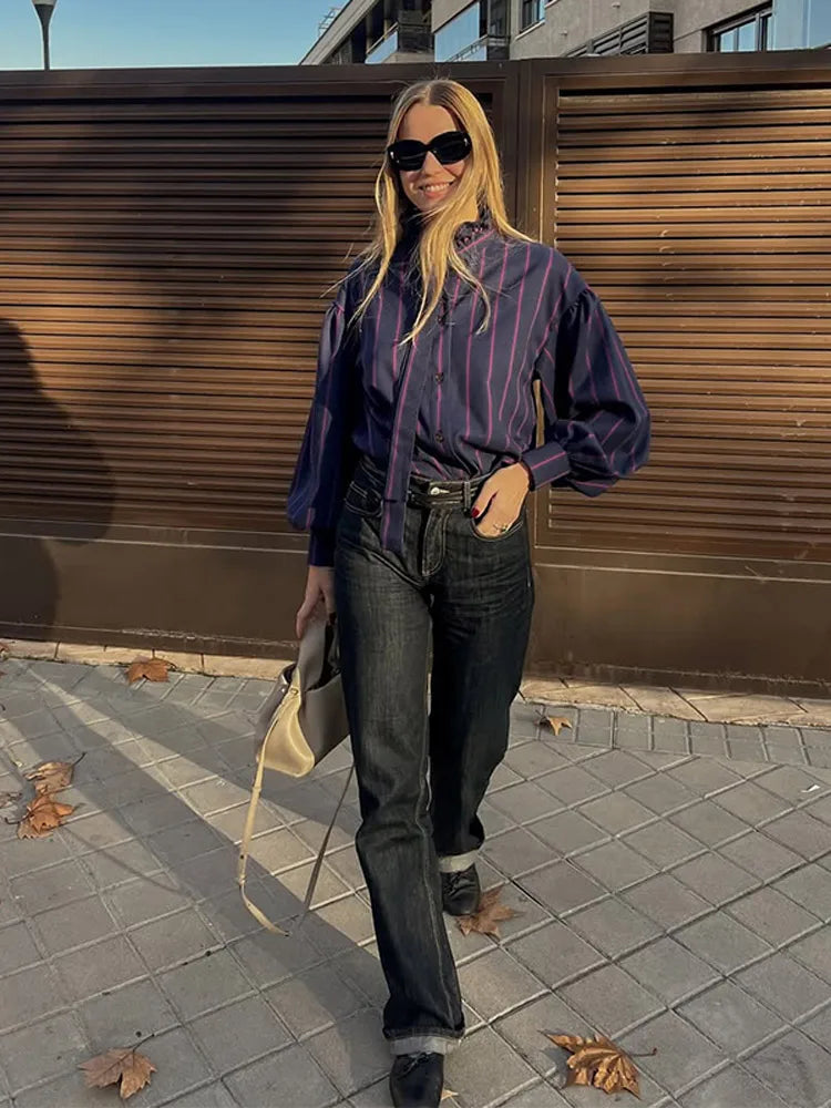 Elise | Striped Shirt with Bow and High Collar