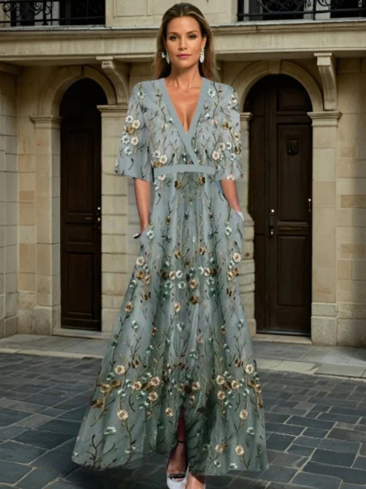 Harper | Elegant V-Neck Belted Boho Dress