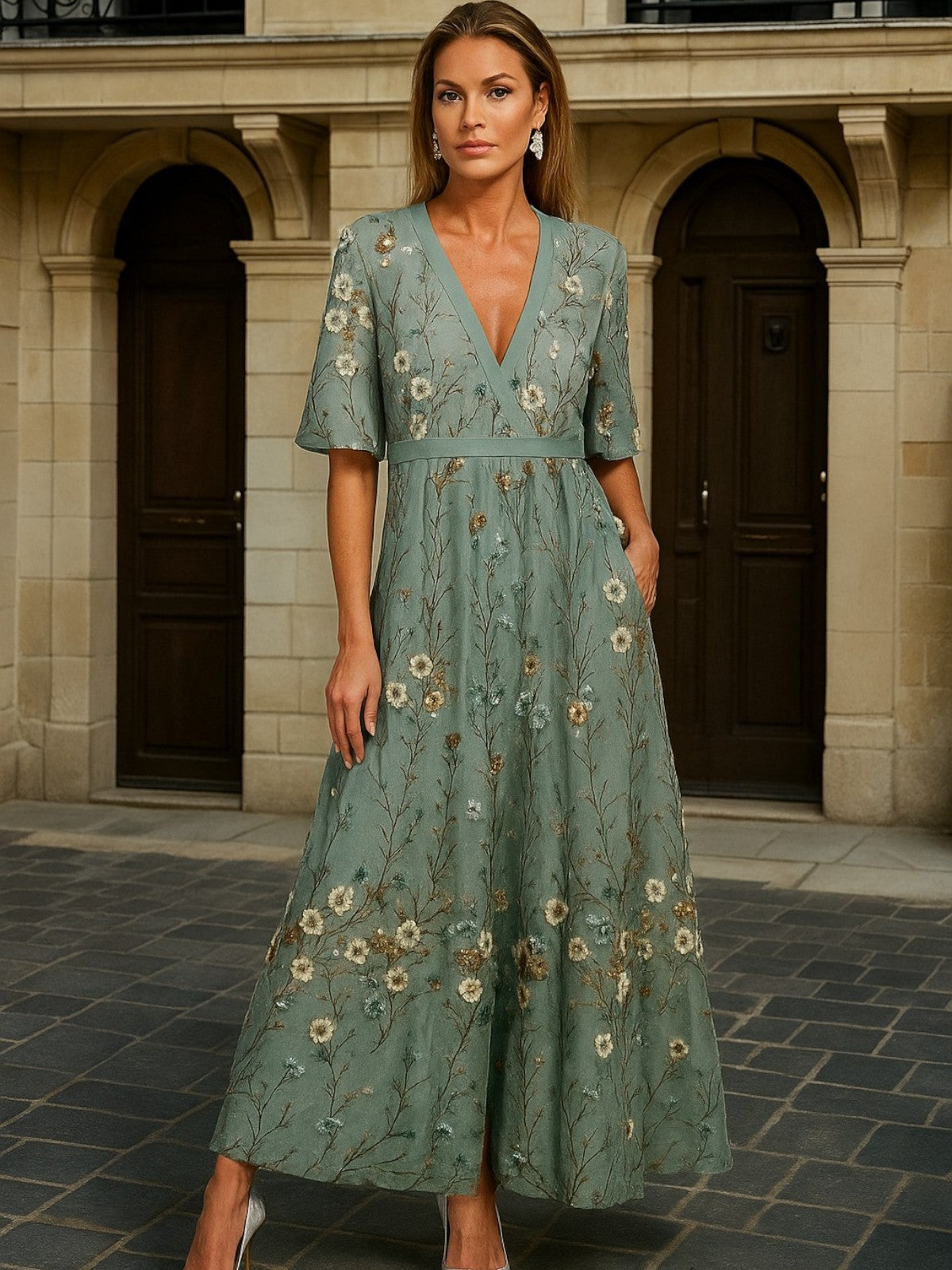 Harper | Elegant V-Neck Belted Boho Dress