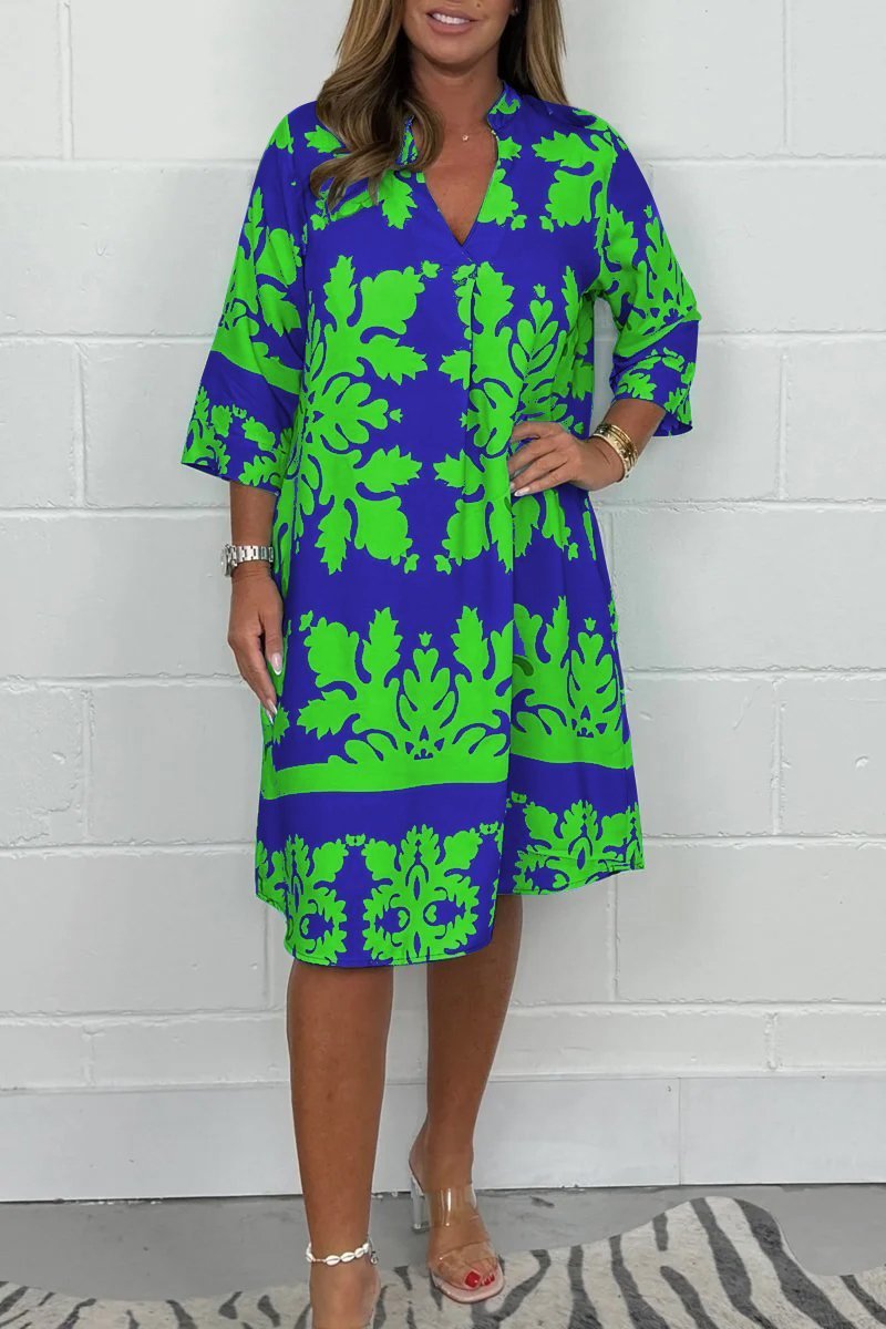 Kenzie - Bohemian Retro Print V-neck Cropped Sleeves Dress