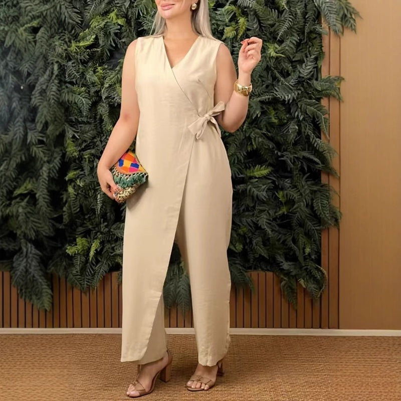 Élia | Solid Color V-Neck Jumpsuit with Belt