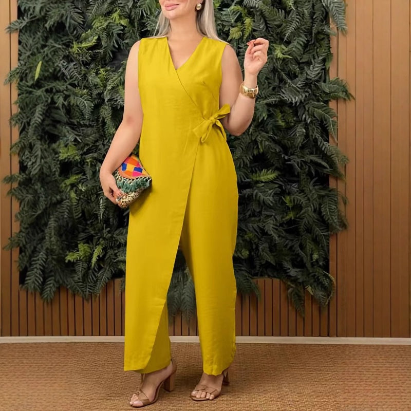 Élia | Solid Color V-Neck Jumpsuit with Belt