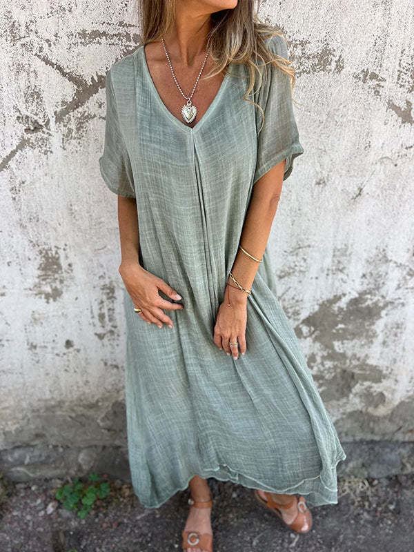 Amanda | Cotton & Linen V-Neck Maxi Dress