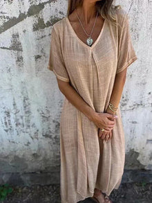 Amanda | Cotton & Linen V-Neck Maxi Dress
