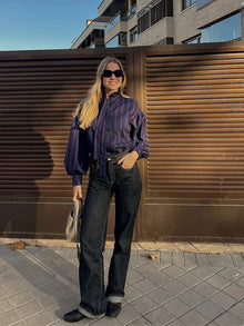Elise | Striped Shirt with Bow and High Collar