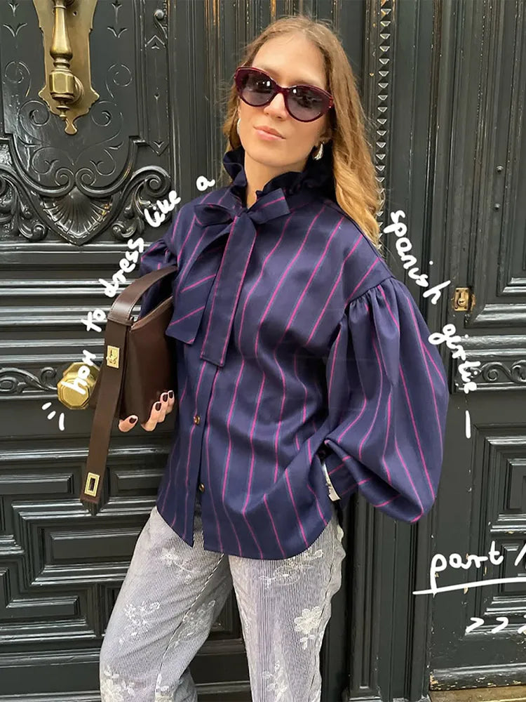 Elise | Striped Shirt with Bow and High Collar