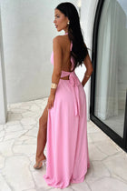 Delia - Lace-Up Plunge Neck Backless Party Dress