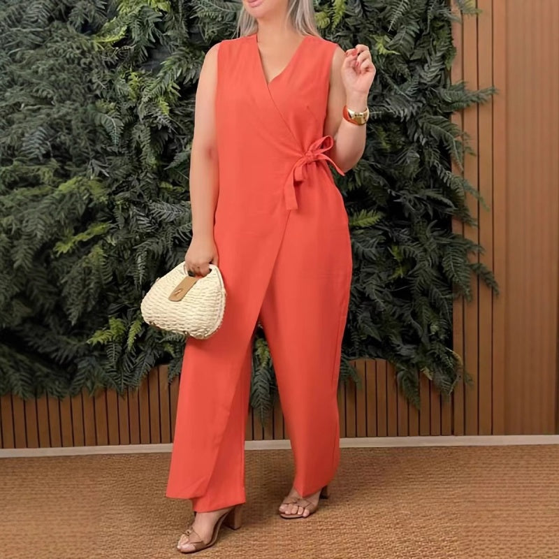 Élia | Solid Color V-Neck Jumpsuit with Belt