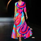 Emily - Printed High Waist Midi Dress with Mid Sleeves