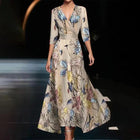 Emily - Printed High Waist Midi Dress with Mid Sleeves