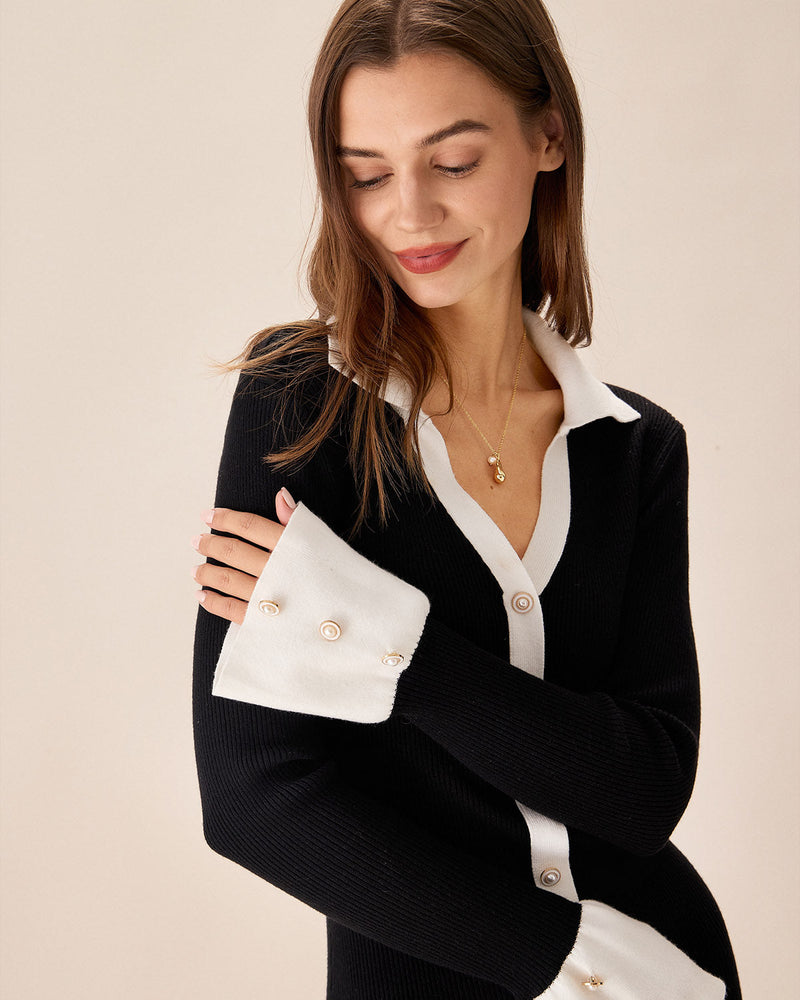 Elena | Black Knit Dress with Trumpet Sleeves