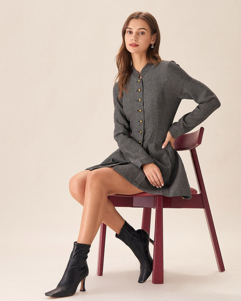 Lina | Gray Pleated Mini Dress with Buttons